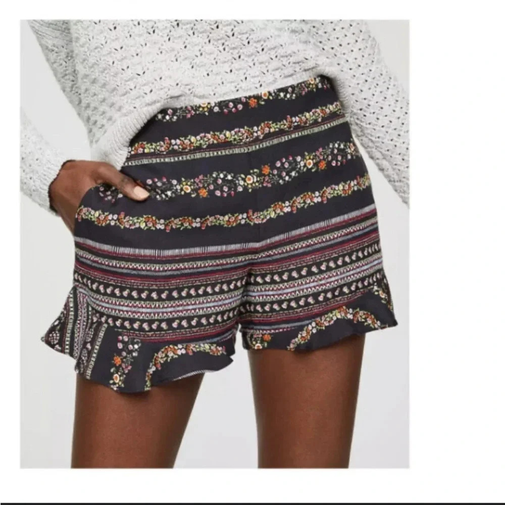 LOFT Women's High Waist Floral Patterned Shorts - Black and Multicolor